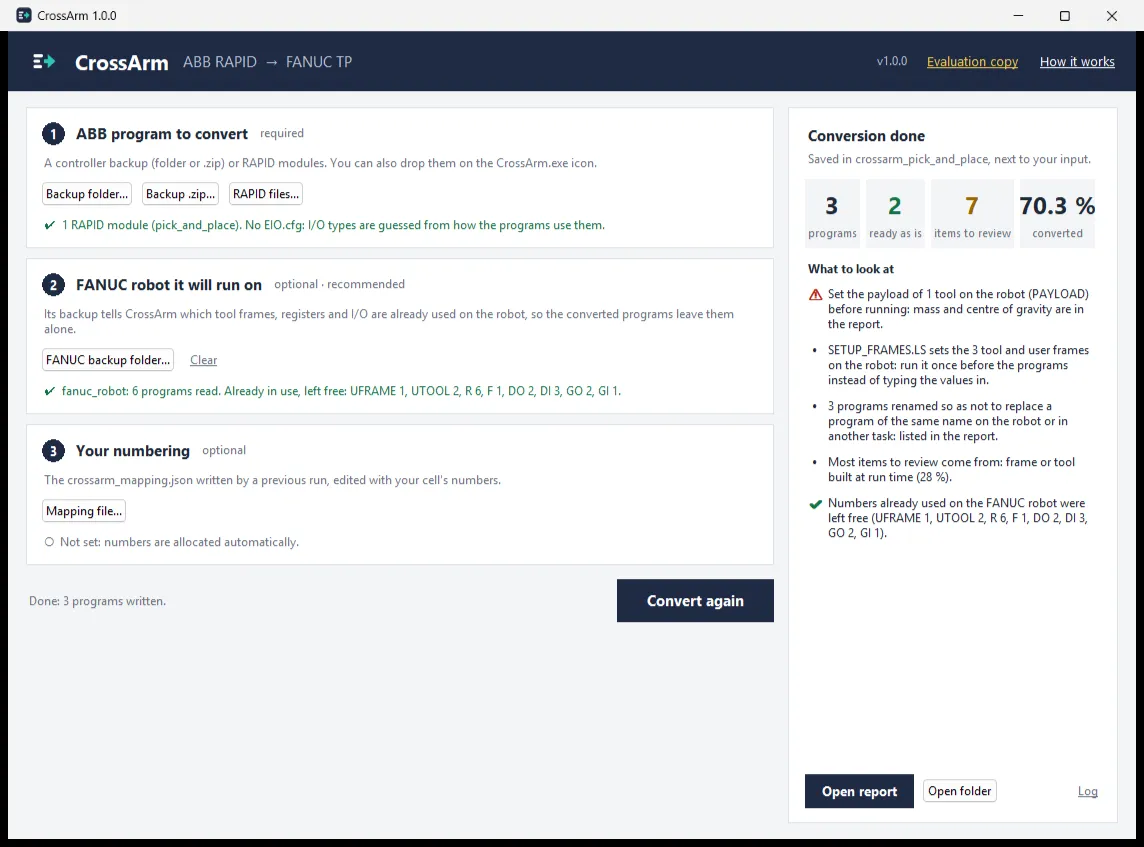 The Windows app: pick the ABB backup, optionally the target FANUC robot backup, and convert.